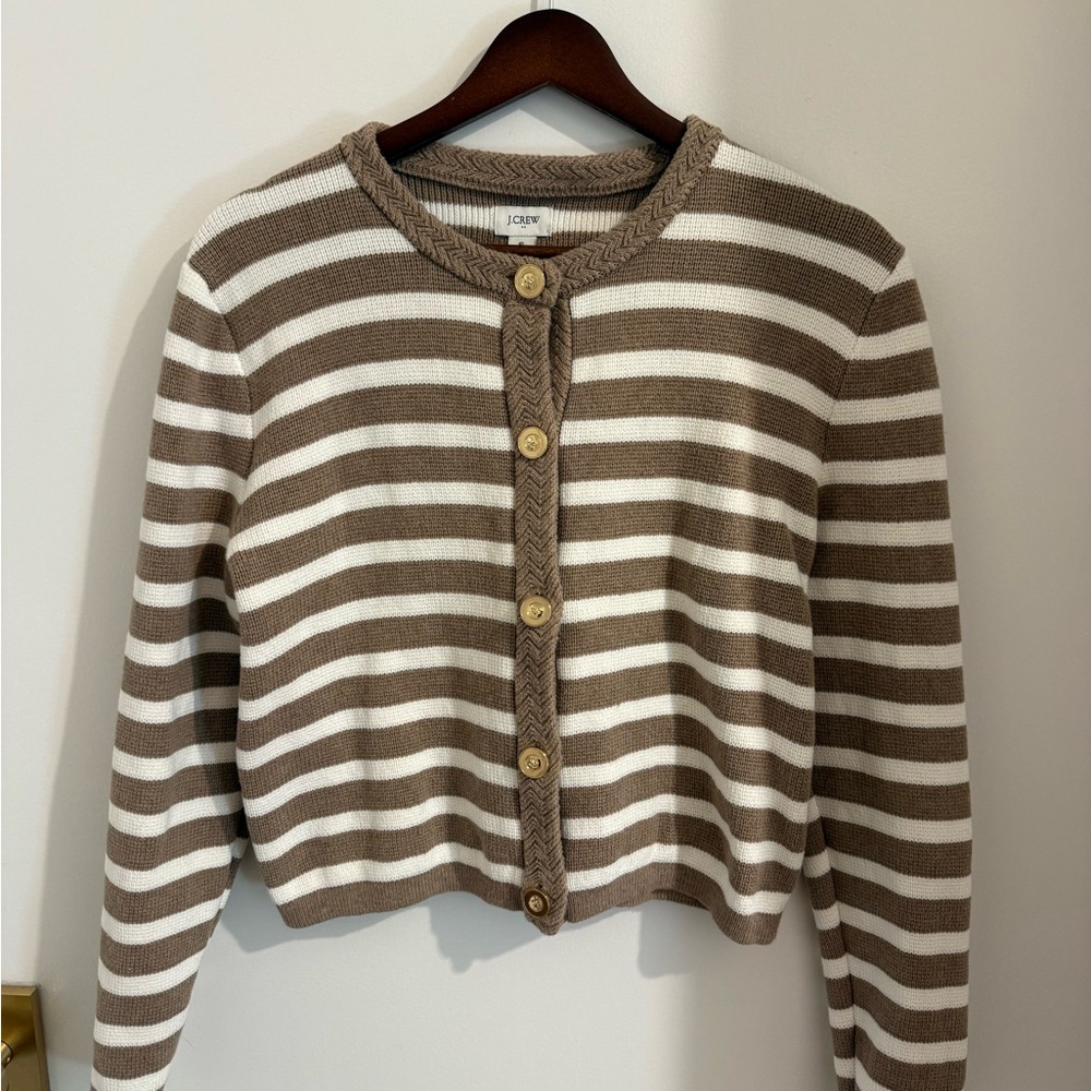 J.Crew Striped cotton lady jacket cardigan sweater Heather mushroom ivory stripe